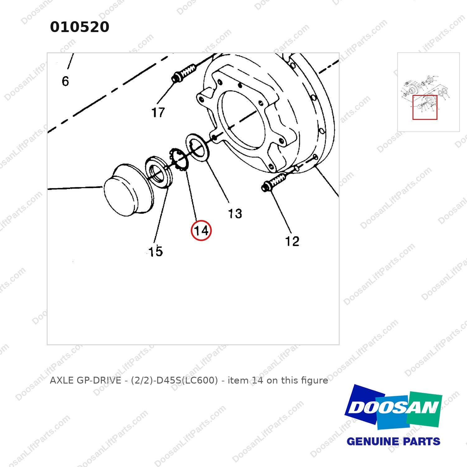 010520 AXLE GP-DRIVE - (2/2)-D45S(LC600) - parts diagram, item 14 shown - genuine Doosan / Bobcat forklift part