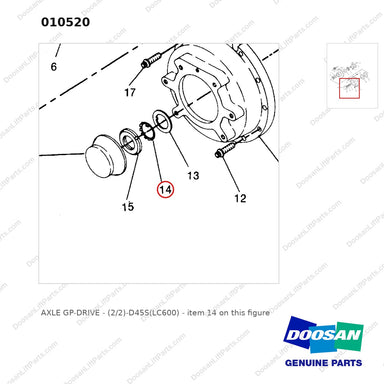 010520 AXLE GP-DRIVE - (2/2)-D45S(LC600) - parts diagram, item 14 shown - genuine Doosan / Bobcat forklift part