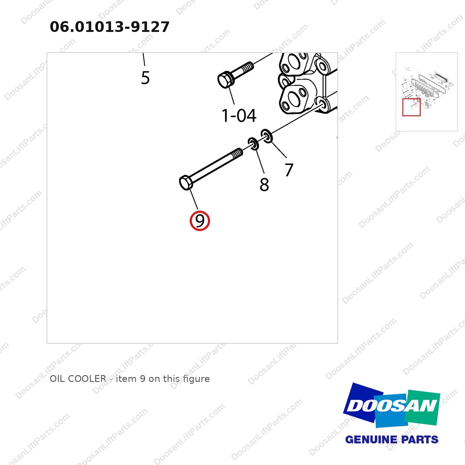 06.01013-9127 OIL COOLER - parts diagram, item 9 shown - genuine Doosan / Bobcat forklift part
