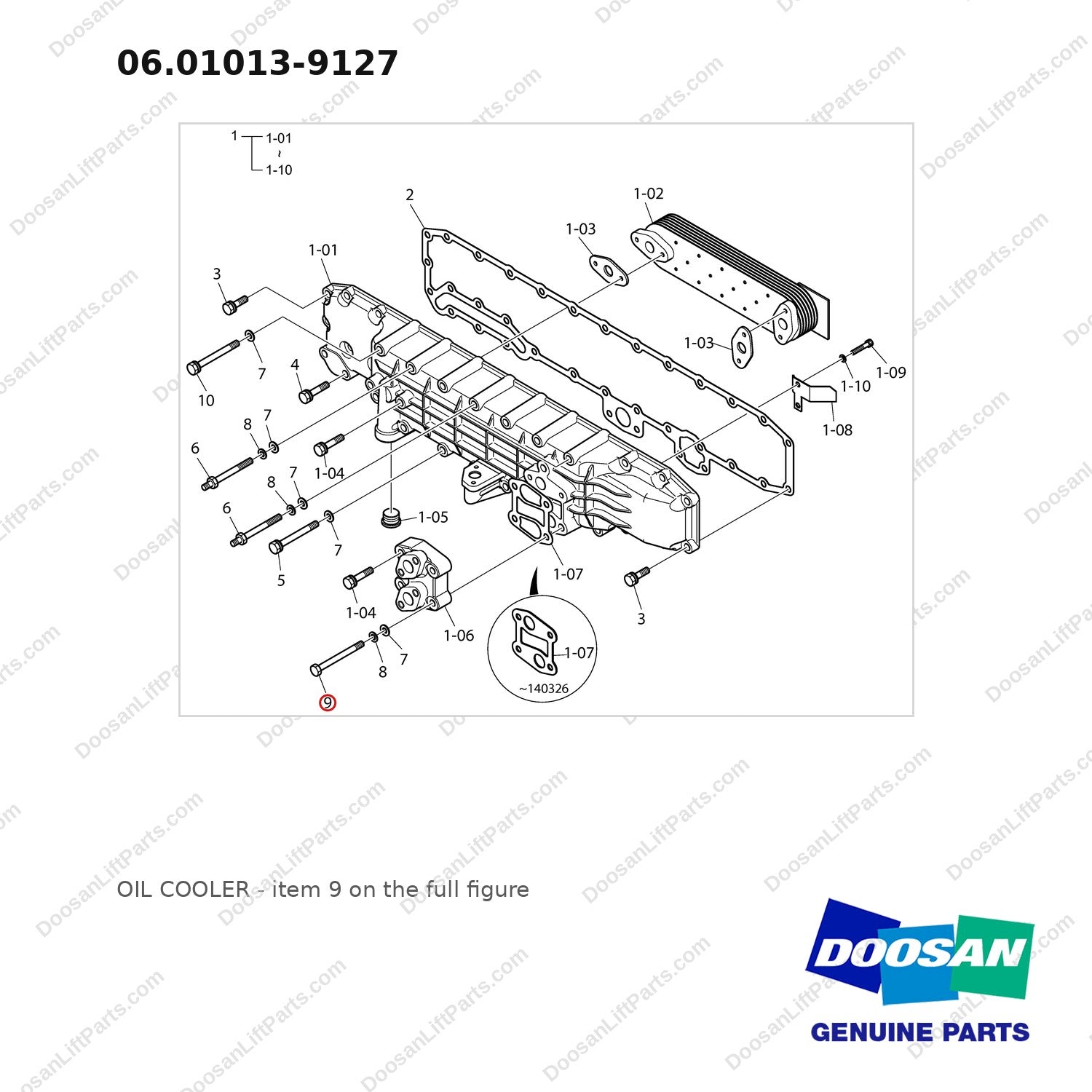 06.01013-9127 OIL COOLER - full parts diagram, item 9 marked - genuine Doosan / Bobcat forklift part