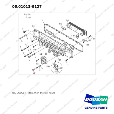 06.01013-9127 OIL COOLER - full parts diagram, item 9 marked - genuine Doosan / Bobcat forklift part