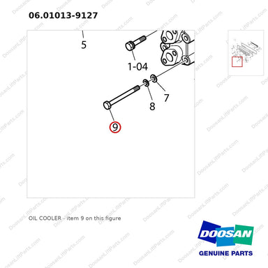 06.01013-9127 OIL COOLER - parts diagram, item 9 shown - genuine Doosan / Bobcat forklift part