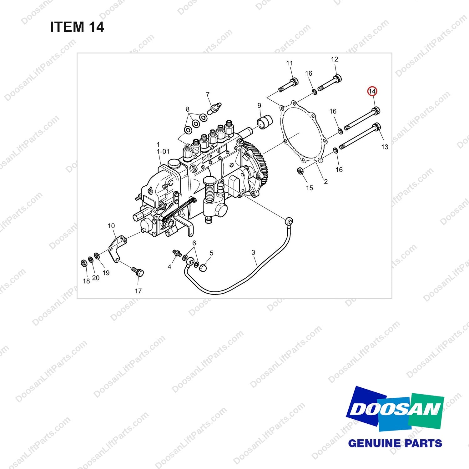06.01013-9137 INJECTION PUMP & PUMP MOUNTING - full parts diagram, item 14 marked - genuine Doosan / Bobcat forklift part