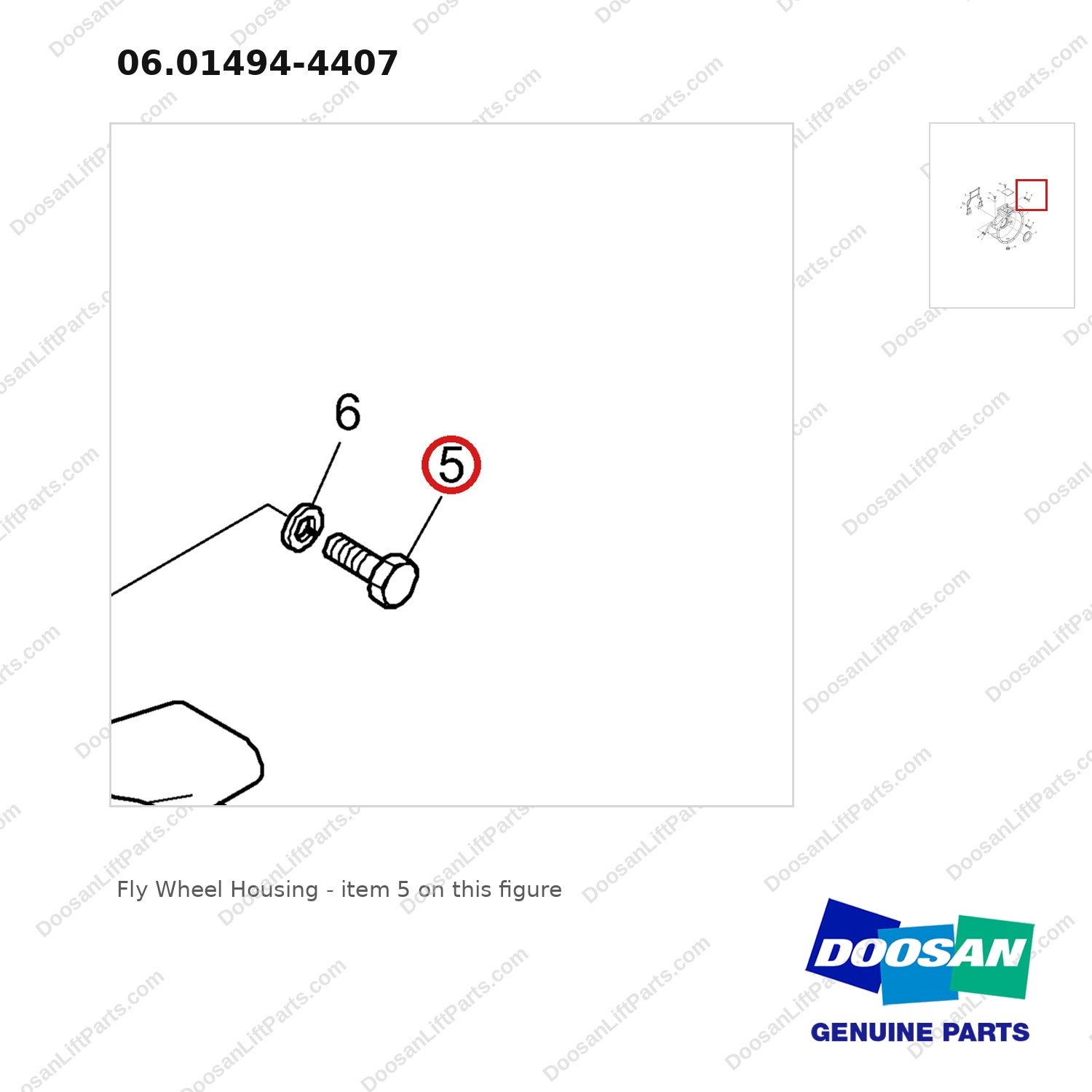 06.01494-4407 Fly Wheel Housing - parts diagram, item 5 shown - genuine Doosan / Bobcat forklift part