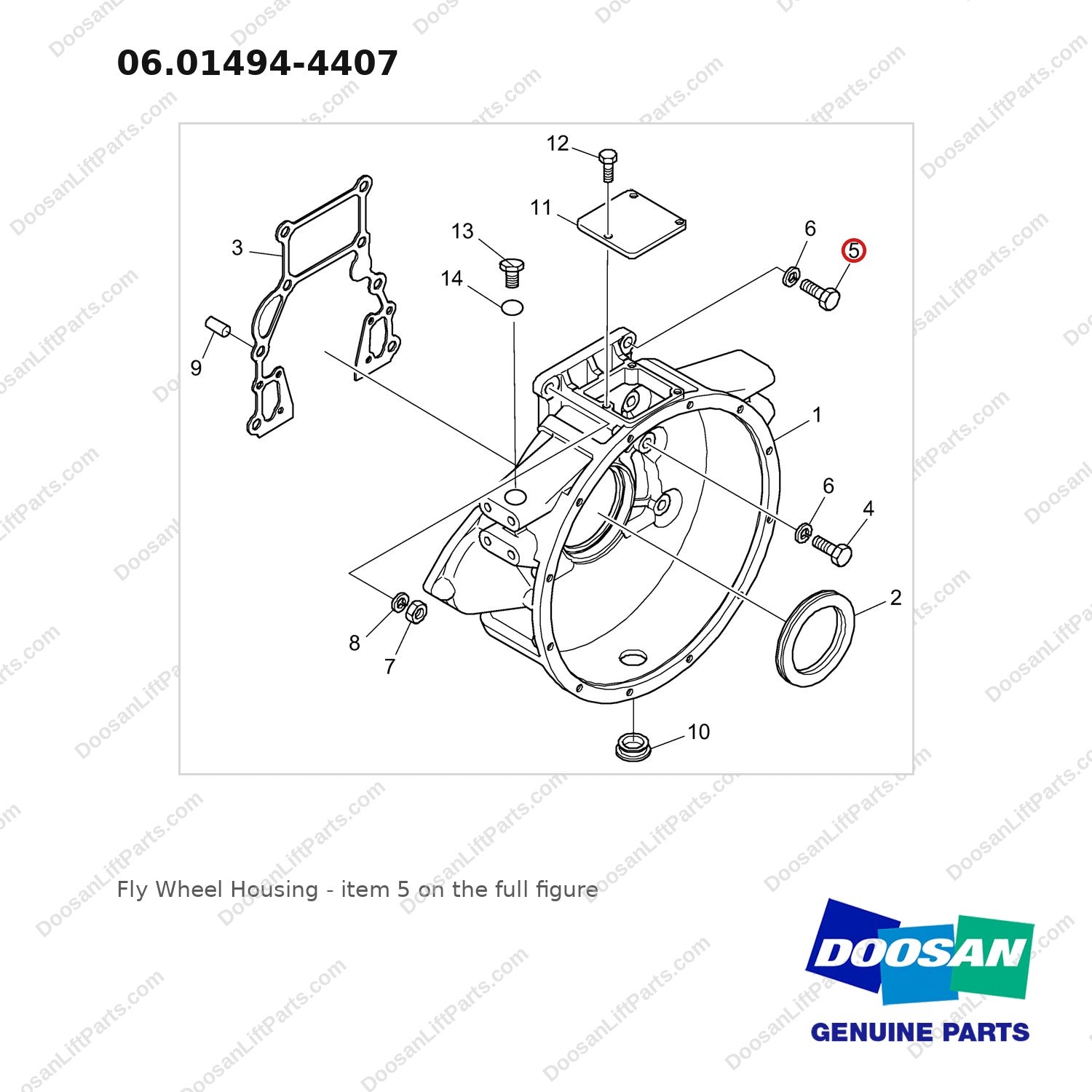 06.01494-4407 Fly Wheel Housing - full parts diagram, item 5 marked - genuine Doosan / Bobcat forklift part