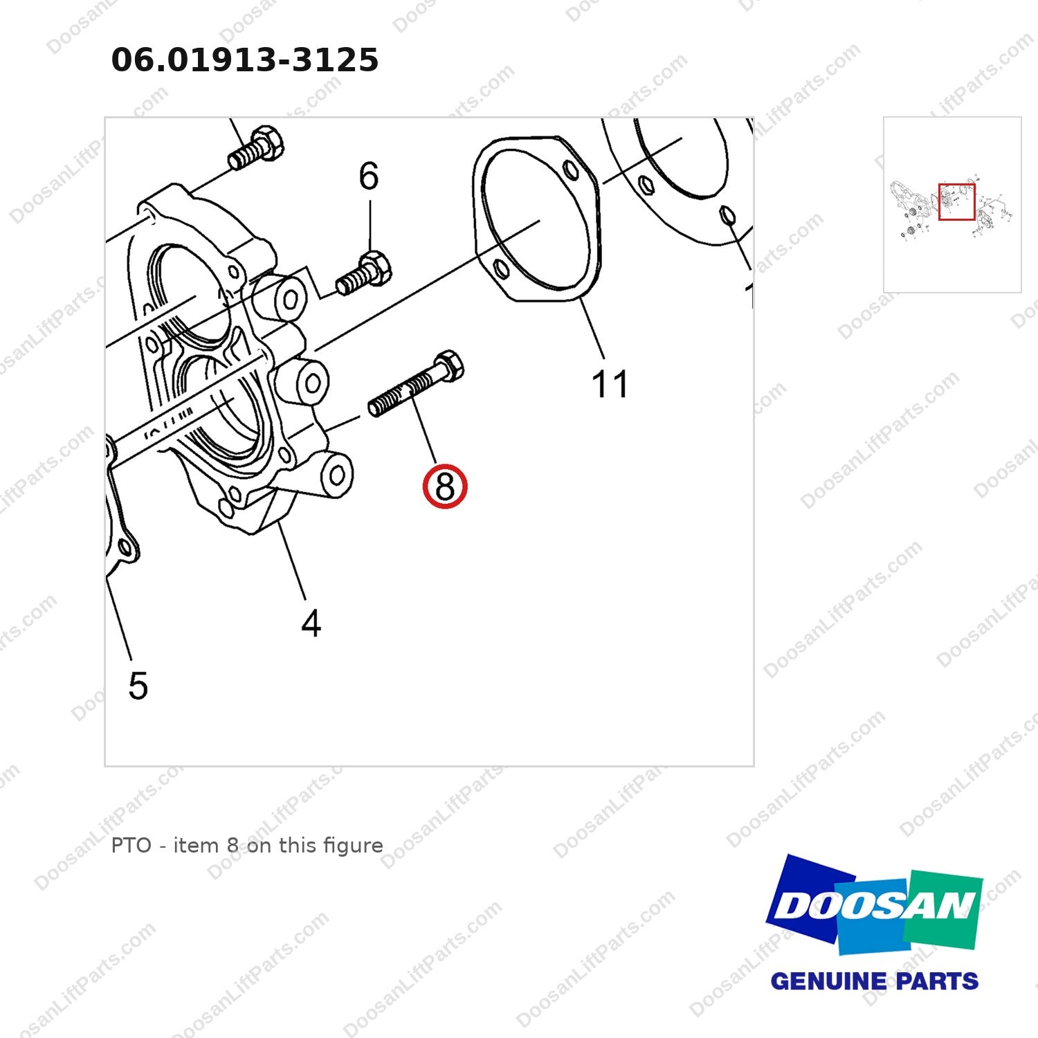 06.01913-3125 PTO - parts diagram, item 8 shown - genuine Doosan / Bobcat forklift part