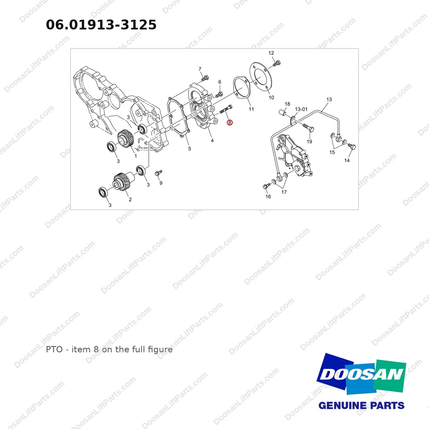 06.01913-3125 PTO - full parts diagram, item 8 marked - genuine Doosan / Bobcat forklift part