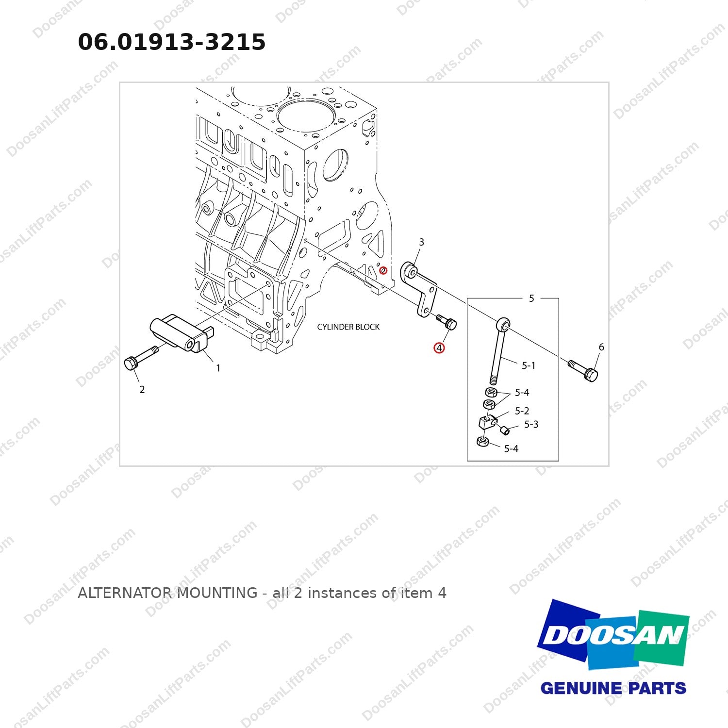 06.01913-3215 ALTERNATOR MOUNTING - full parts diagram, item 4 marked - genuine Doosan / Bobcat forklift part