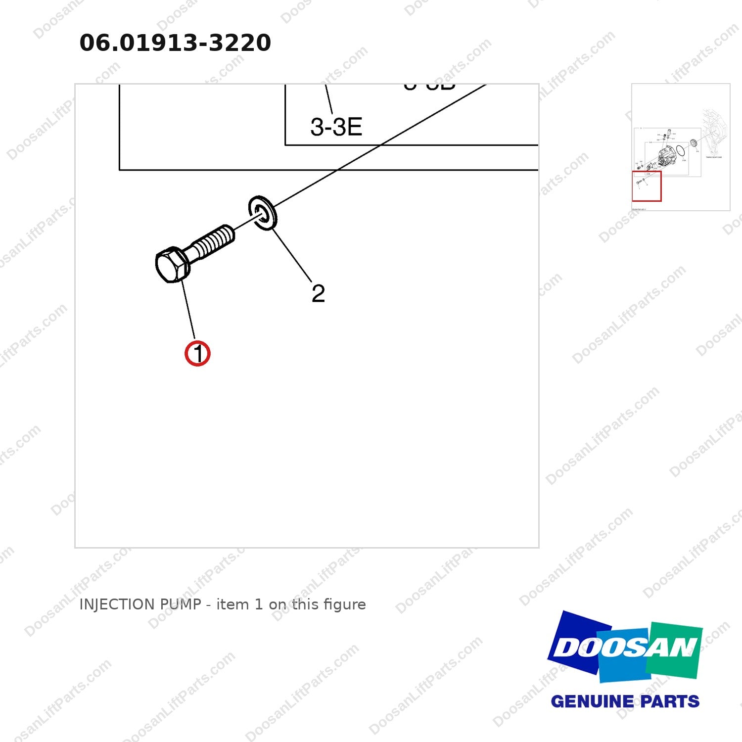 06.01913-3220 INJECTION PUMP - parts diagram, item 1 shown - genuine Doosan / Bobcat forklift part