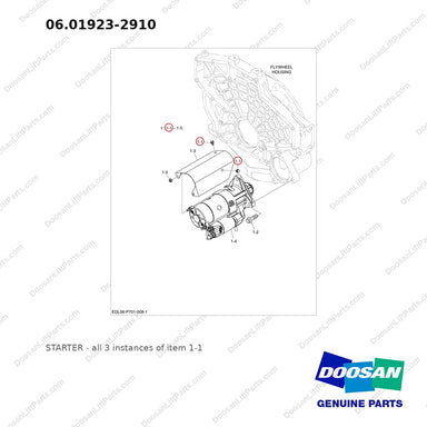 06.01923-2910 STARTER - full parts diagram, item 1-1 marked - genuine Doosan / Bobcat forklift part