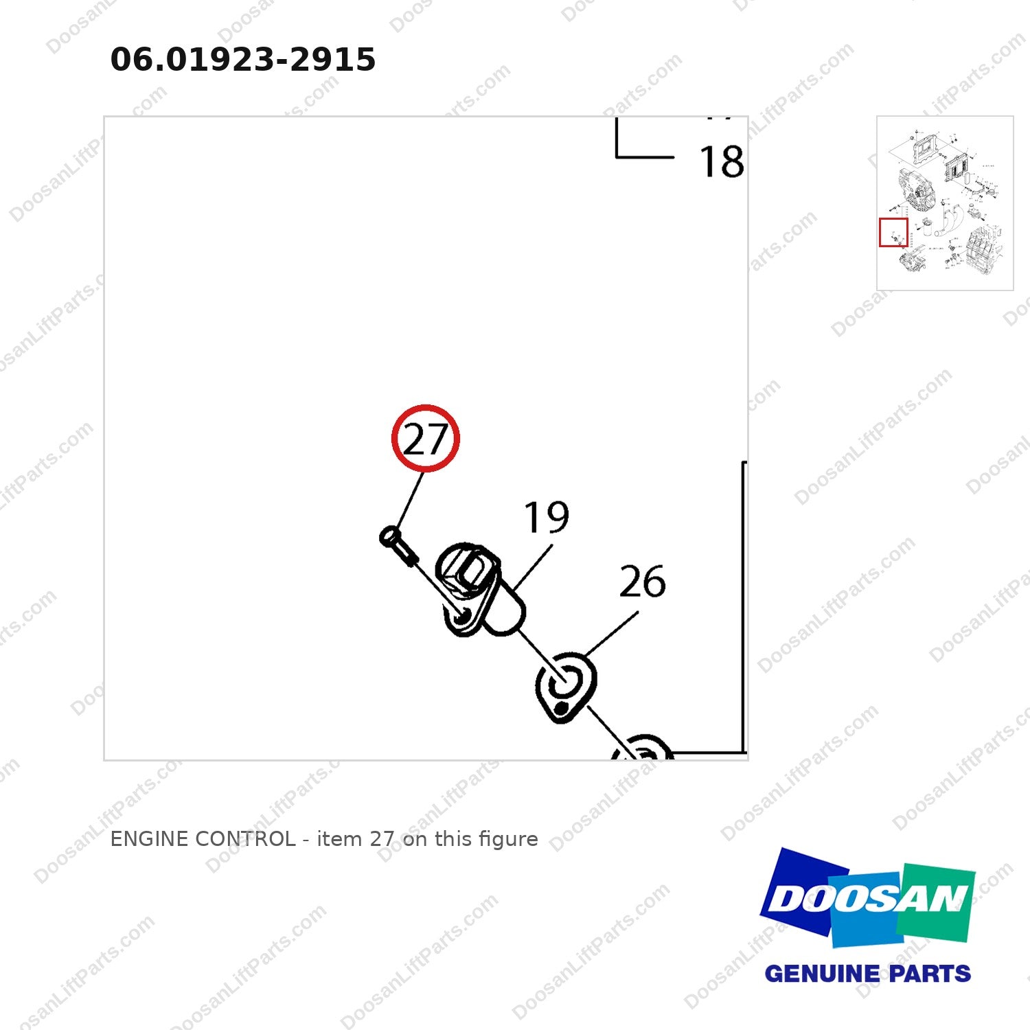 06.01923-2915 ENGINE CONTROL - parts diagram, item 27 shown - genuine Doosan / Bobcat forklift part