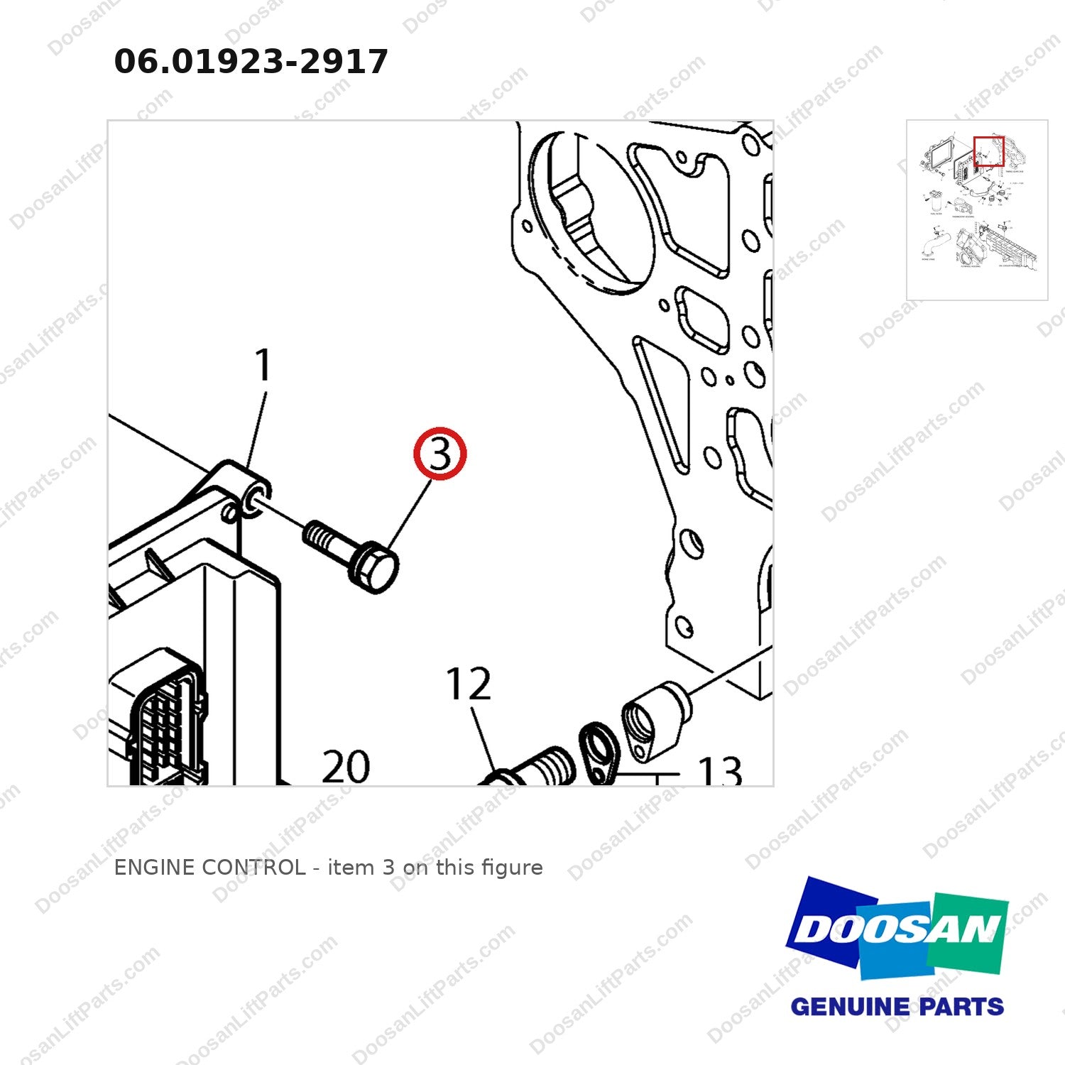 06.01923-2917 ENGINE CONTROL - parts diagram, item 3 shown - genuine Doosan / Bobcat forklift part