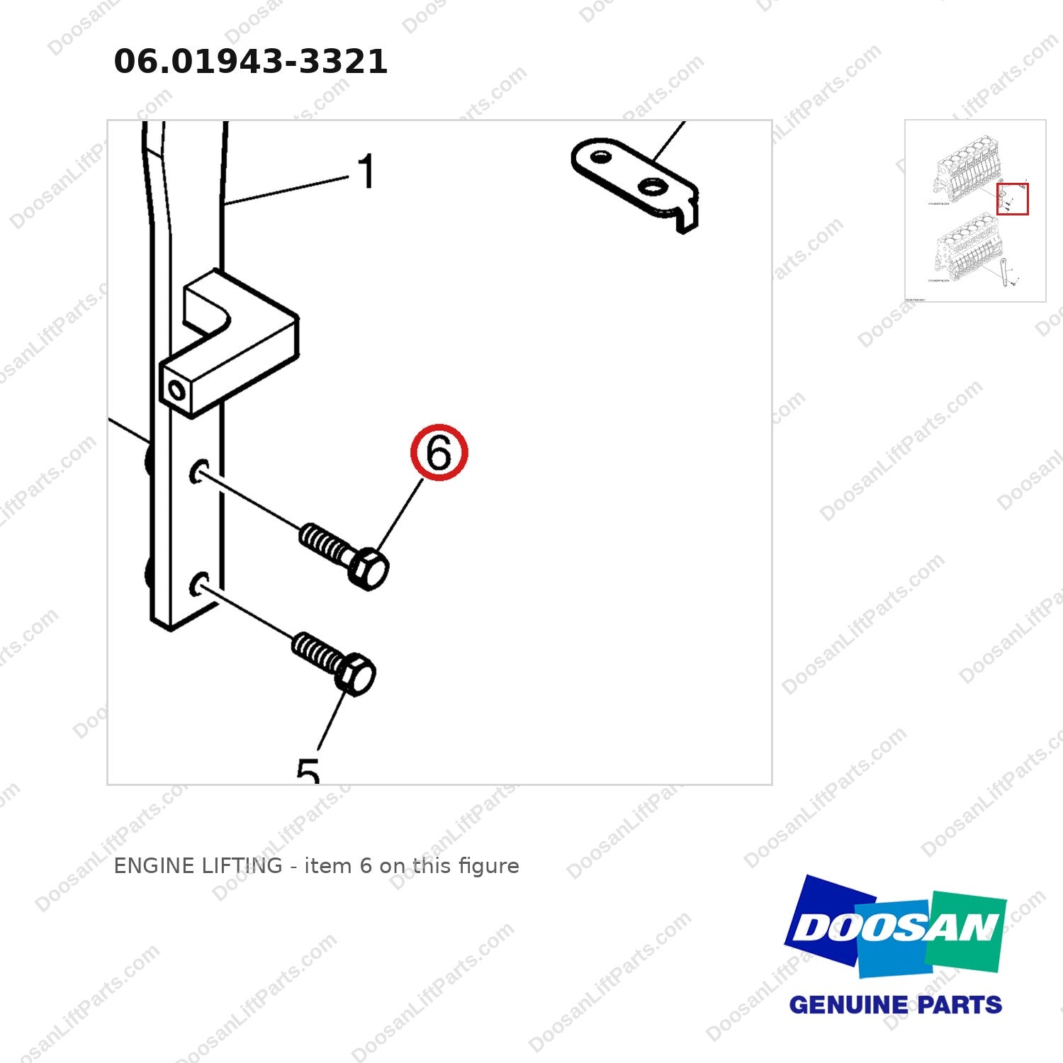06.01943-3321 ENGINE LIFTING - parts diagram, item 6 shown - genuine Doosan / Bobcat forklift part