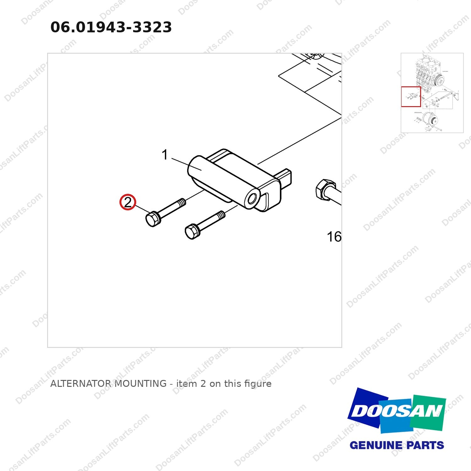 06.01943-3323 ALTERNATOR MOUNTING - parts diagram, item 2 shown - genuine Doosan / Bobcat forklift part