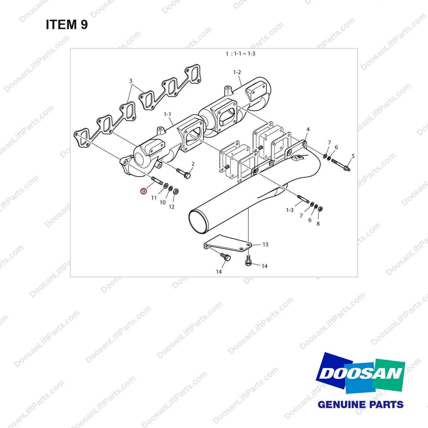 06.06225-0810 INTAKE MANIFOLD;DL08 FOLKLIFT - full parts diagram, item 9 marked - genuine Doosan / Bobcat forklift part
