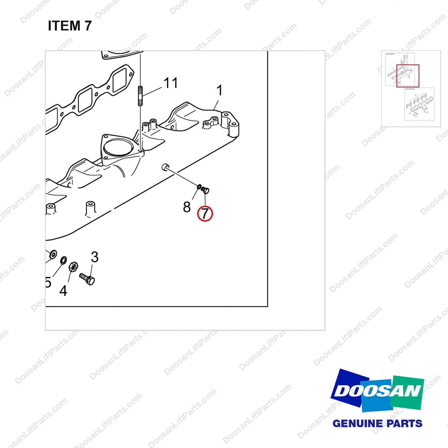 06.08092-2402 INTAKE & EXHAUST MANIFOLD - parts diagram, item 7 shown - genuine Doosan / Bobcat forklift part