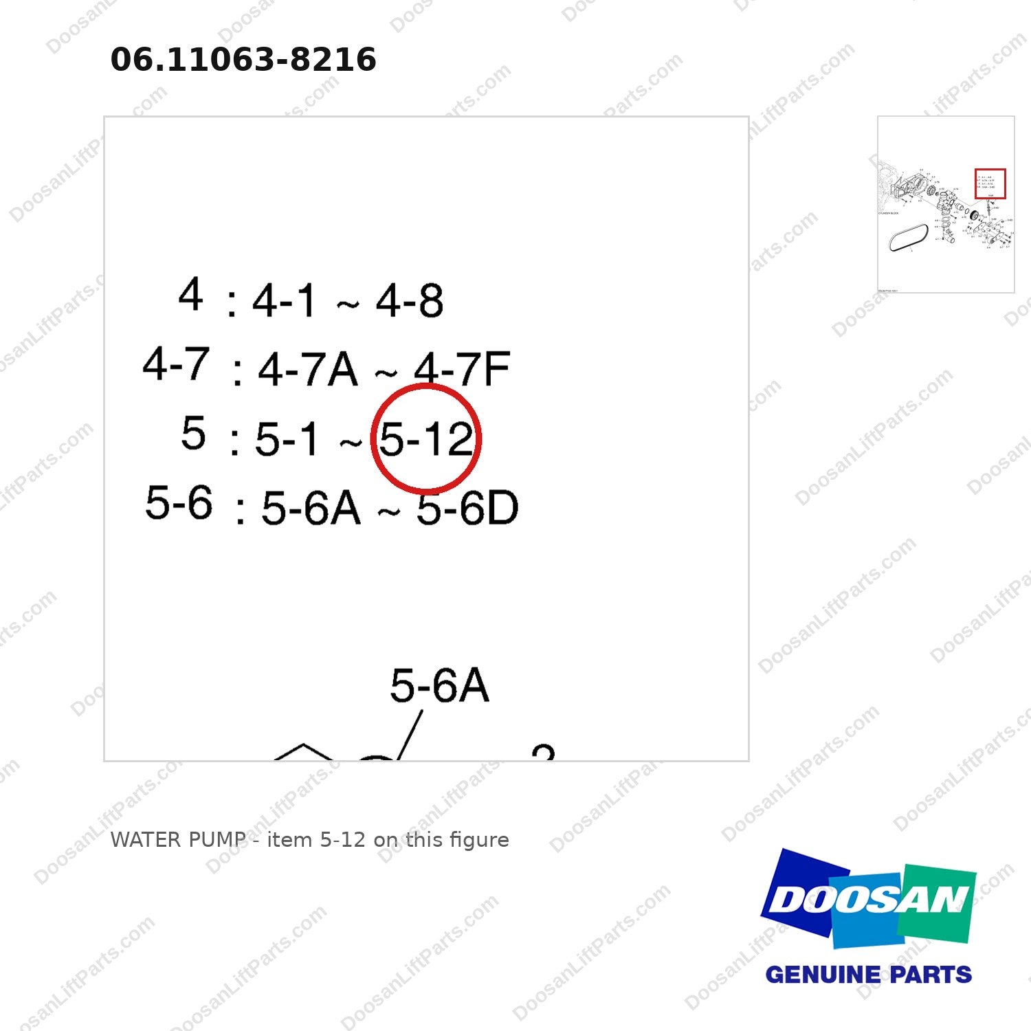 06.11063-8216 WATER PUMP - parts diagram, item 5-12 shown - genuine Doosan / Bobcat forklift part