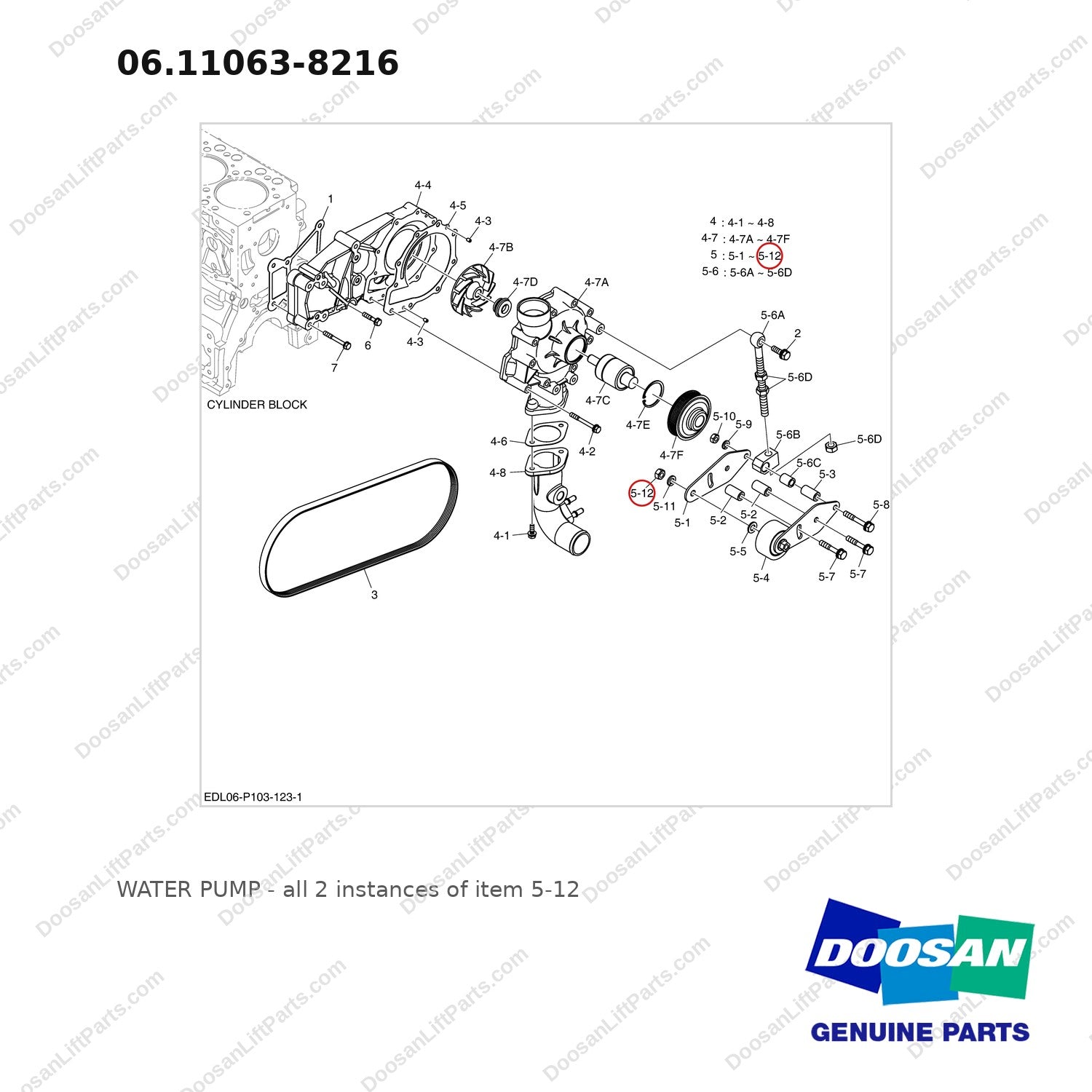 06.11063-8216 WATER PUMP - full parts diagram, item 5-12 marked - genuine Doosan / Bobcat forklift part