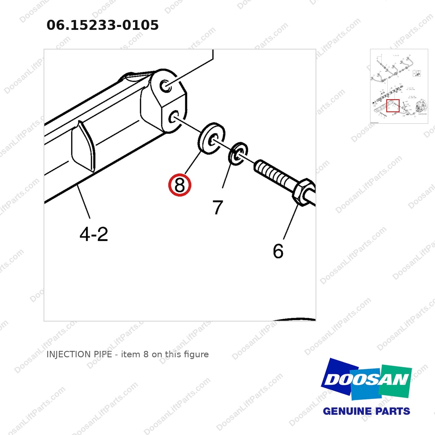 06.15233-0105 INJECTION PIPE - parts diagram, item 8 shown - genuine Doosan / Bobcat forklift part