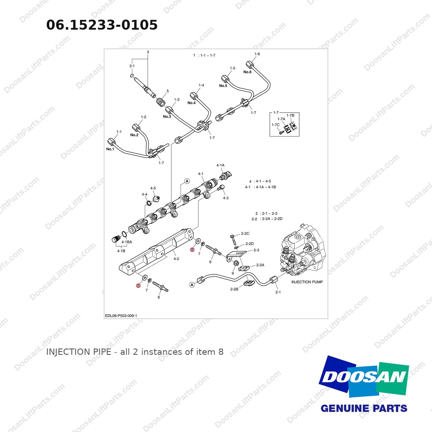 06.15233-0105 INJECTION PIPE - full parts diagram, item 8 marked - genuine Doosan / Bobcat forklift part