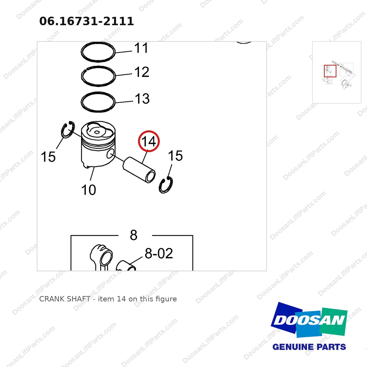06.16731-2111 CRANK SHAFT - parts diagram, item 14 shown - genuine Doosan / Bobcat forklift part