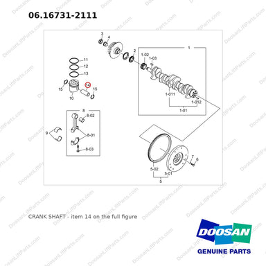 06.16731-2111 CRANK SHAFT - full parts diagram, item 14 marked - genuine Doosan / Bobcat forklift part