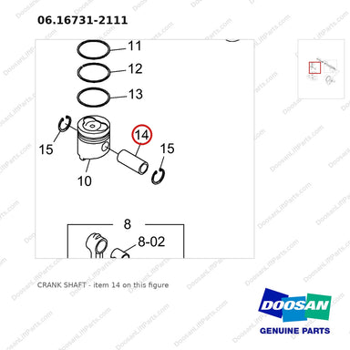 06.16731-2111 CRANK SHAFT - parts diagram, item 14 shown - genuine Doosan / Bobcat forklift part