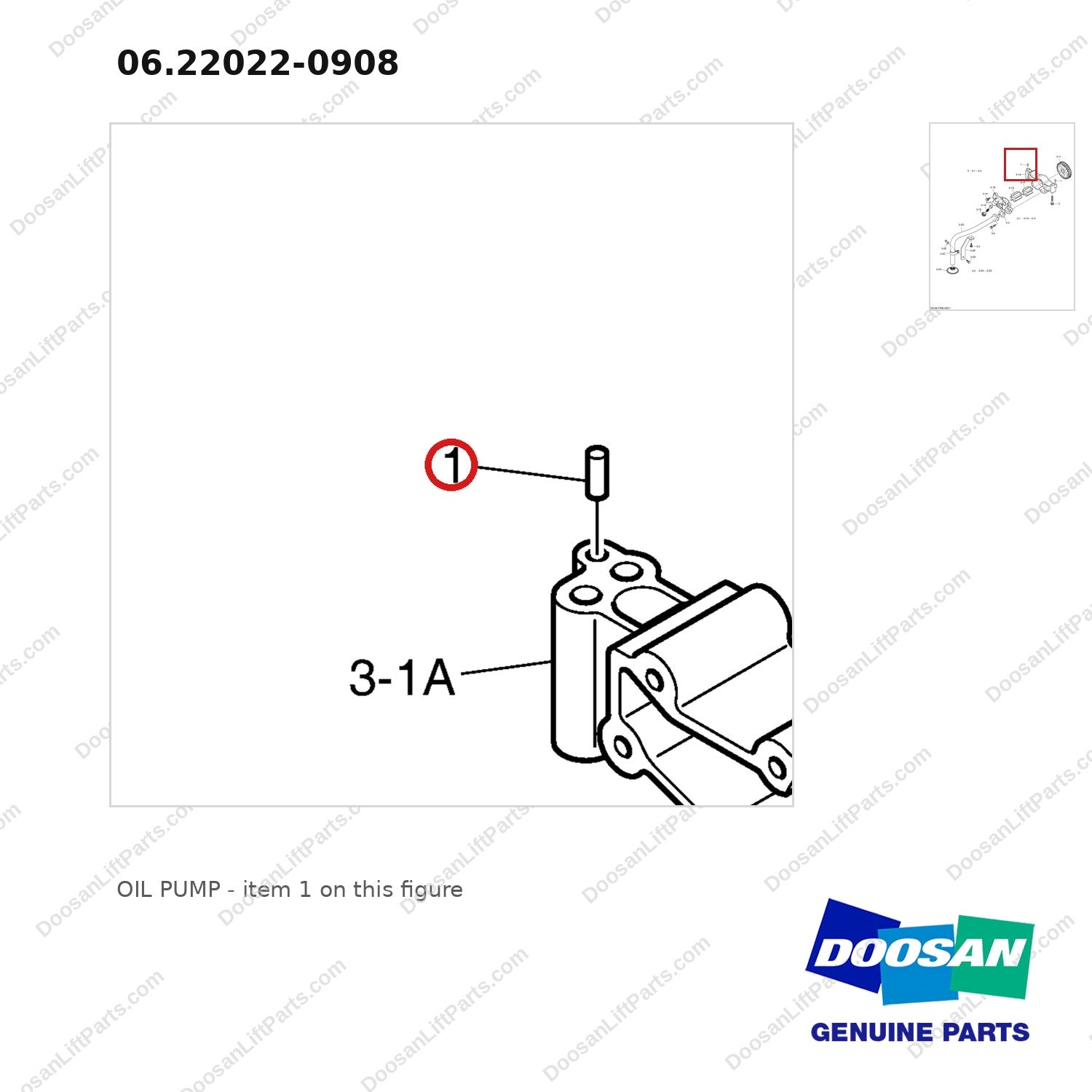 06.22022-0908 OIL PUMP - parts diagram, item 1 shown - genuine Doosan / Bobcat forklift part