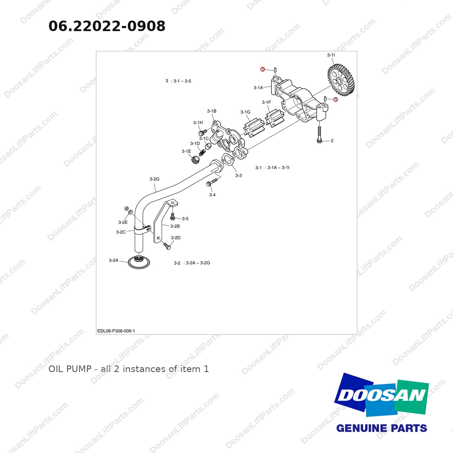 06.22022-0908 OIL PUMP - full parts diagram, item 1 marked - genuine Doosan / Bobcat forklift part