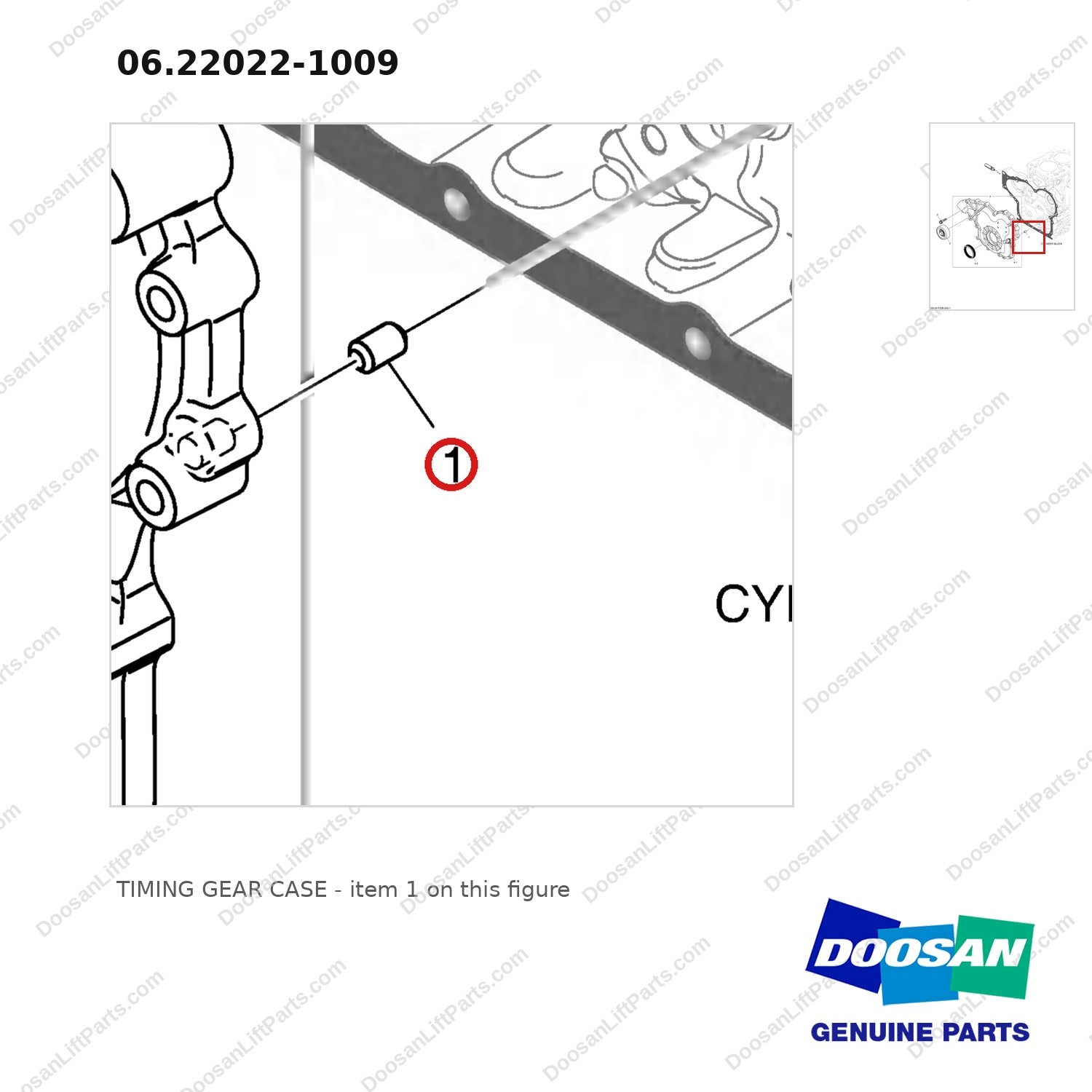 06.22022-1009 TIMING GEAR CASE - parts diagram, item 1 shown - genuine Doosan / Bobcat forklift part