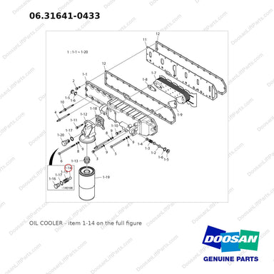 06.31641-0433 OIL COOLER - full parts diagram, item 1-14 marked - genuine Doosan / Bobcat forklift part