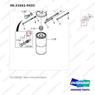 06.31641-0433 OIL COOLER - parts diagram, item 1-14 shown - genuine Doosan / Bobcat forklift part