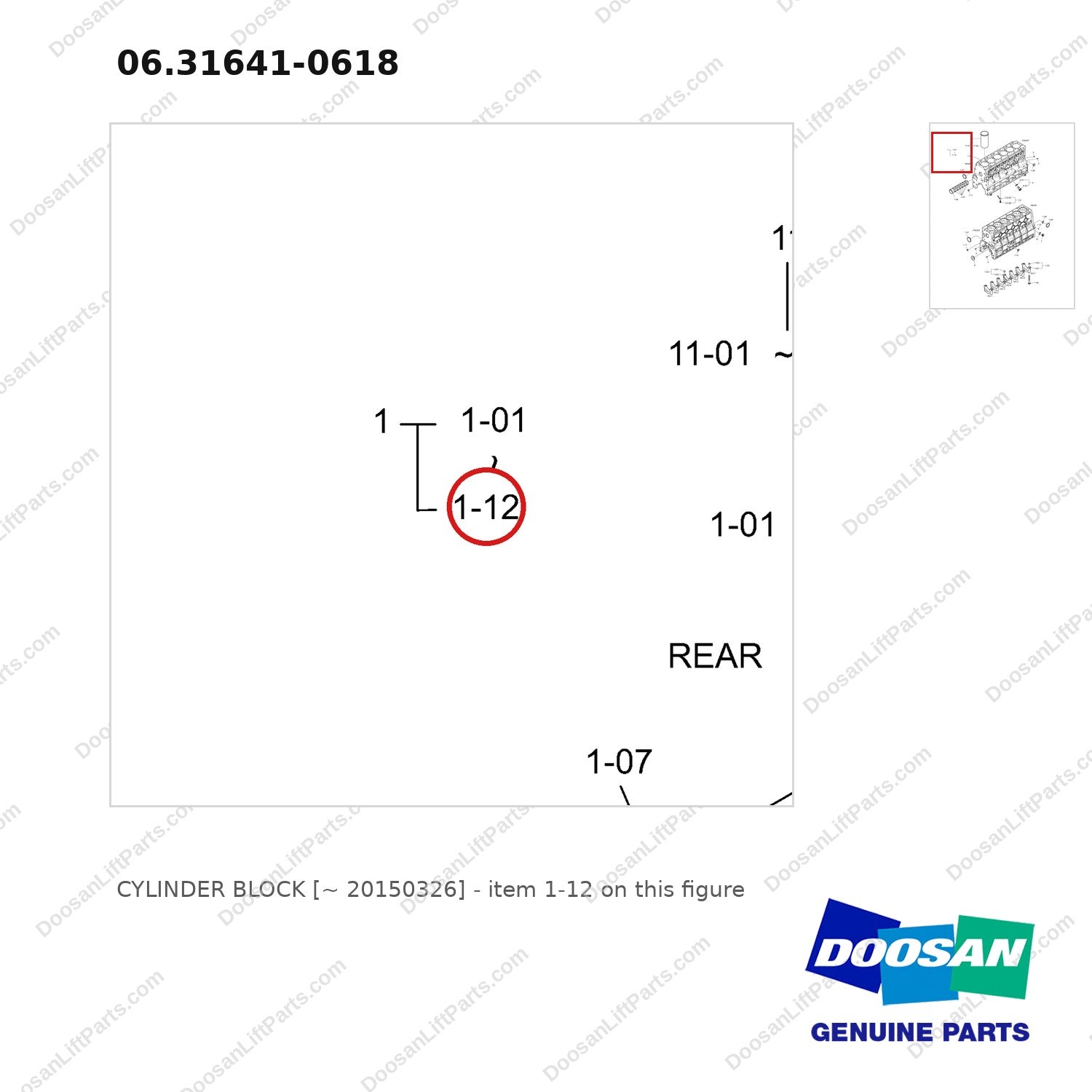 06.31641-0618 CYLINDER BLOCK [~ 20150326] - parts diagram, item 1-12 shown - genuine Doosan / Bobcat forklift part