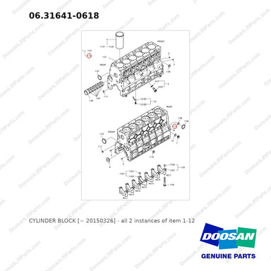 06.31641-0618 CYLINDER BLOCK [~ 20150326] - full parts diagram, item 1-12 marked - genuine Doosan / Bobcat forklift part