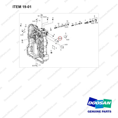 0634 303 144 HOUSING ASSY - full parts diagram, item 19-01 marked - genuine Doosan / Bobcat forklift part
