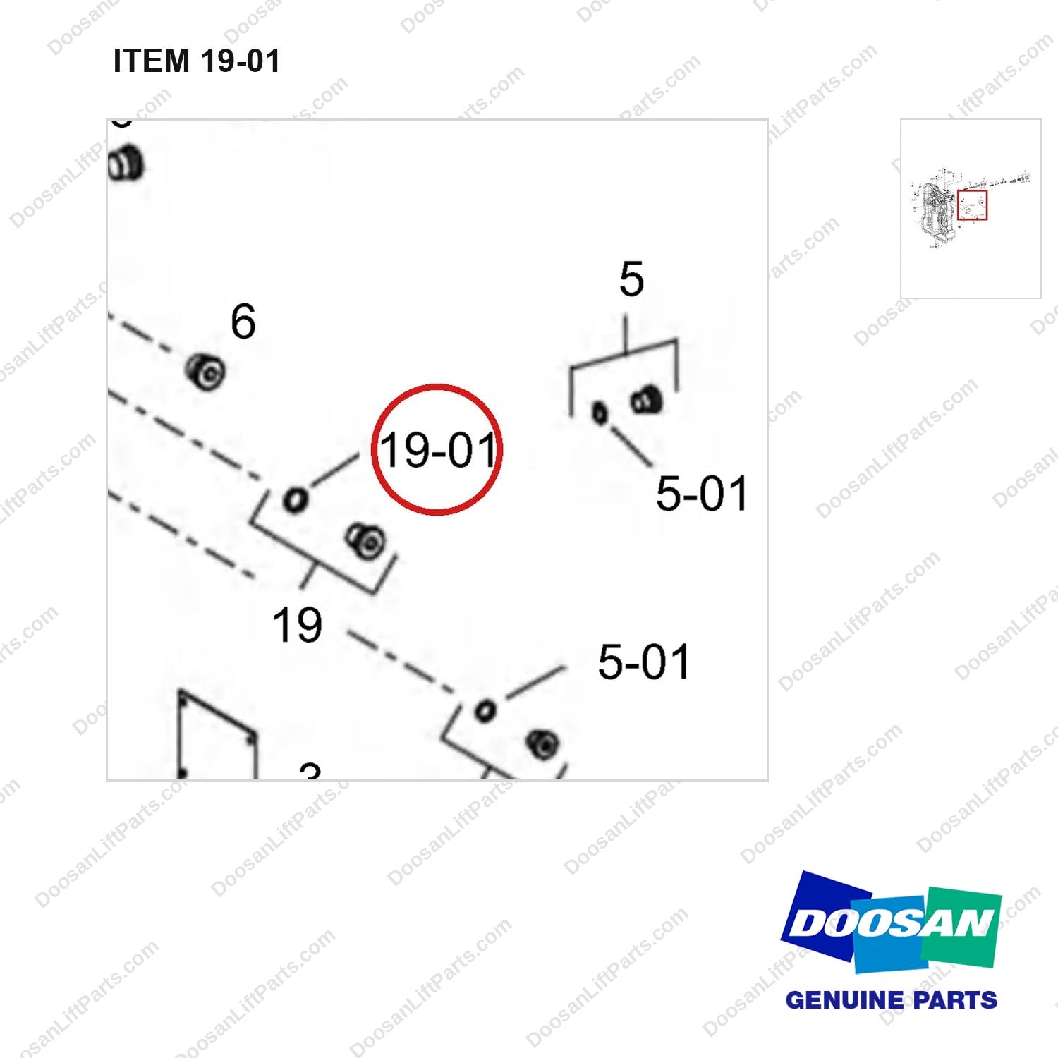 0634 303 144 HOUSING ASSY - parts diagram, item 19-01 shown - genuine Doosan / Bobcat forklift part