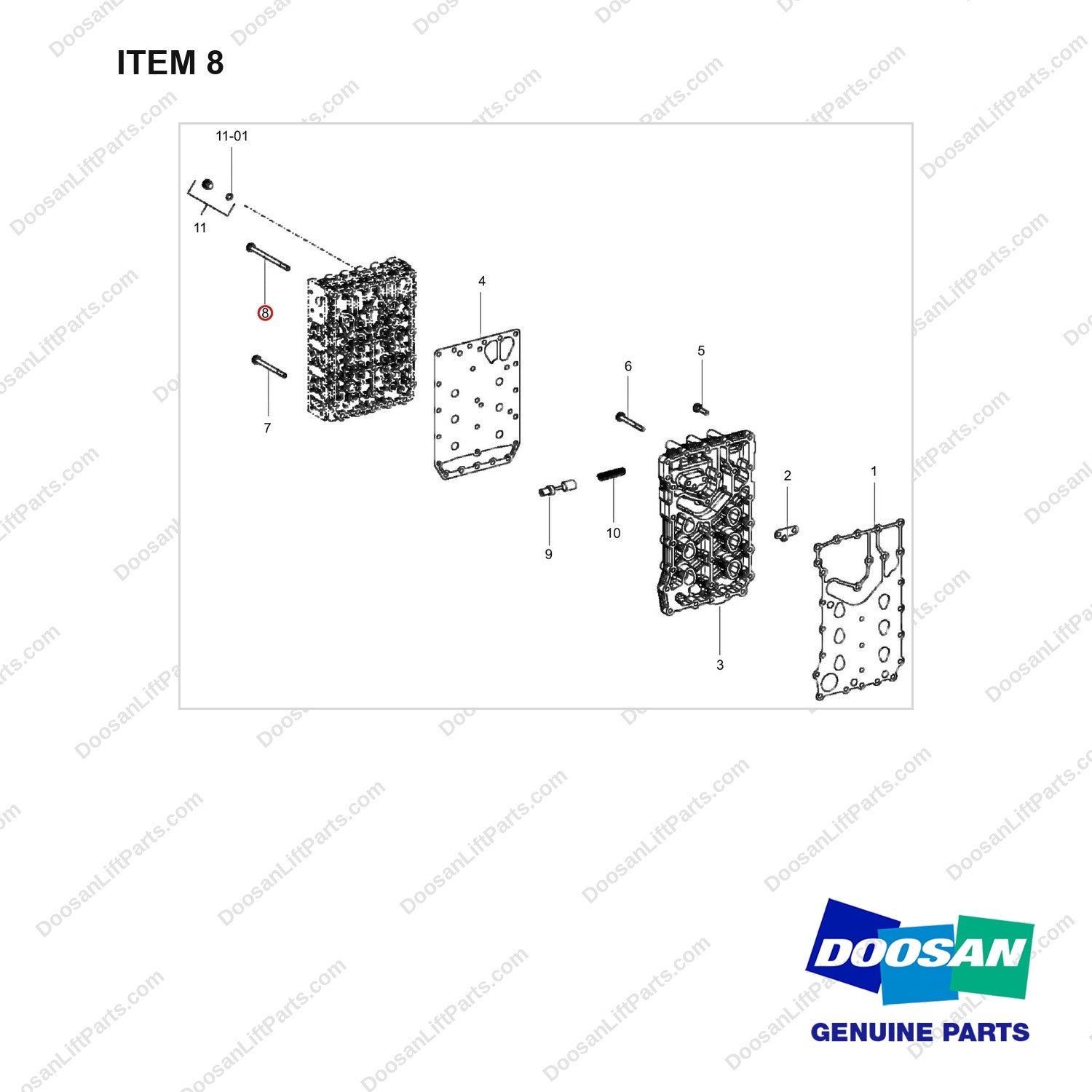 0736-101-409 VALVE,CONTROL;GROUP - full parts diagram, item 8 marked - genuine Doosan / Bobcat forklift part
