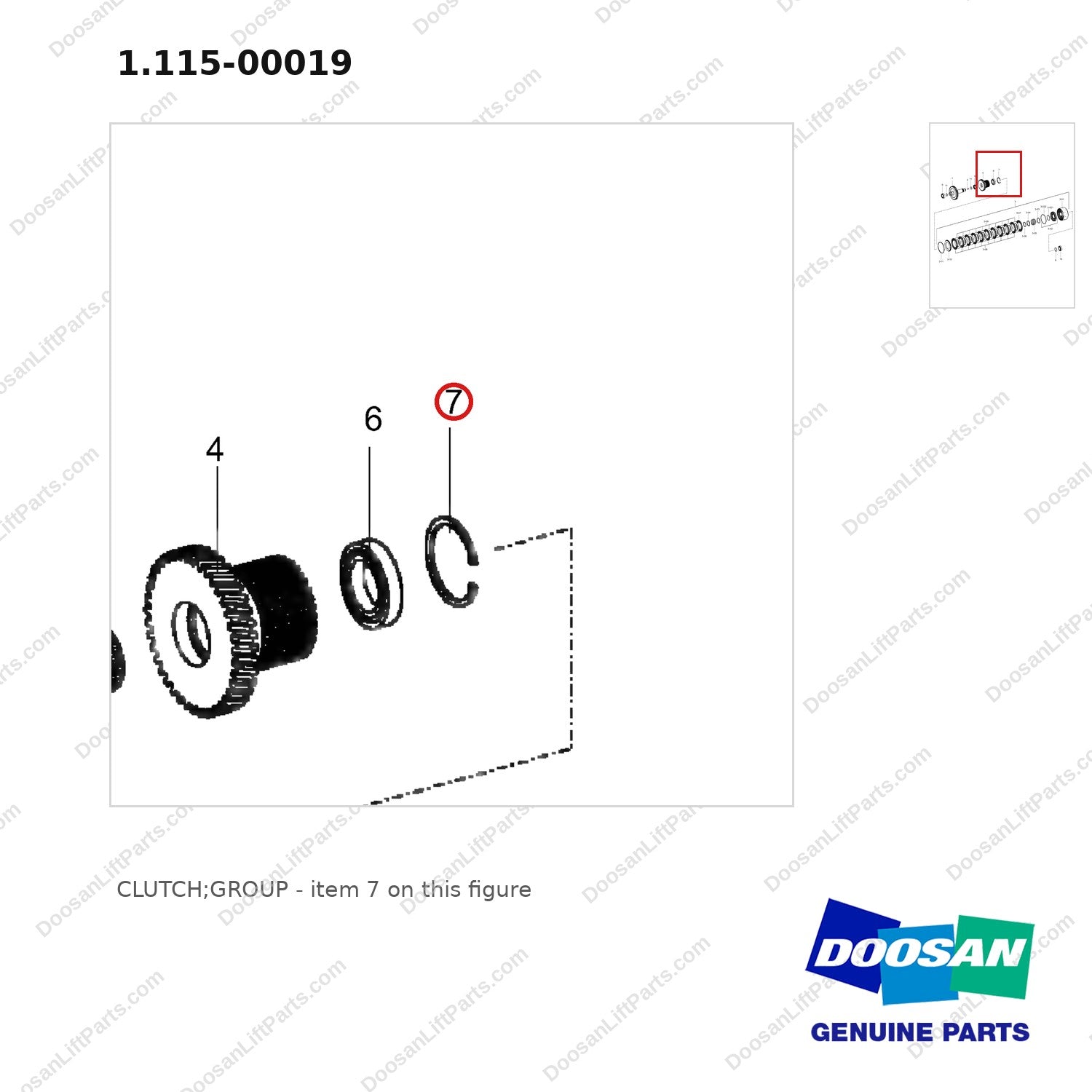 1.115-00019 CLUTCH;GROUP - parts diagram, item 7 shown - genuine Doosan / Bobcat forklift part