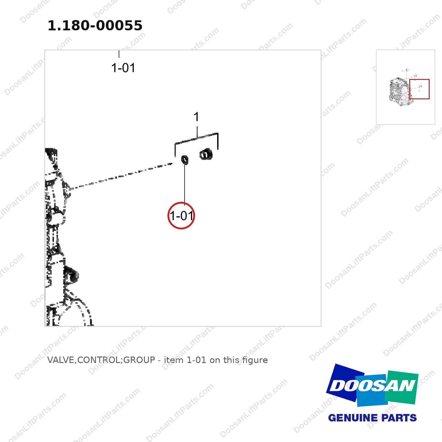 1.180-00055 VALVE,CONTROL;GROUP - parts diagram, item 1-01 shown - genuine Doosan / Bobcat forklift part