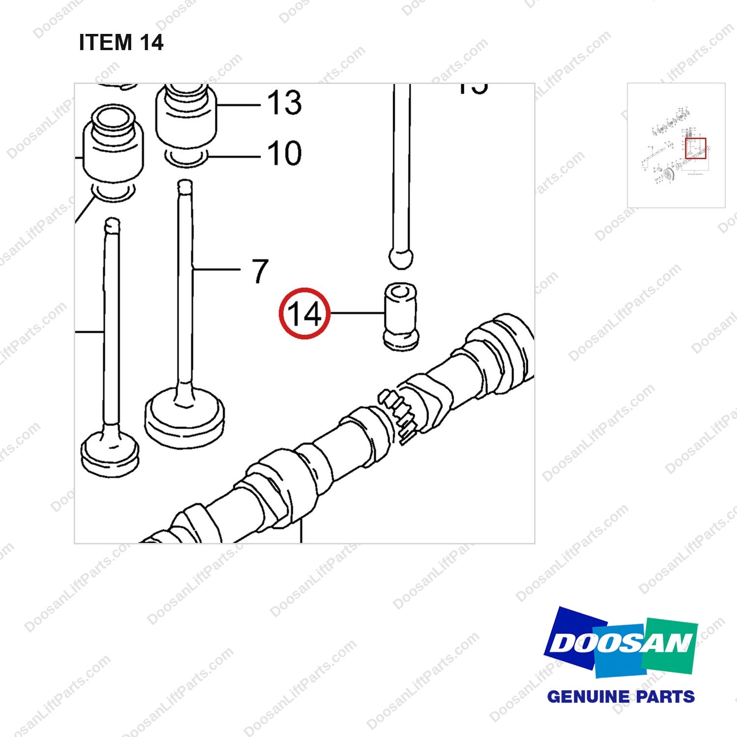 100101-00367 CAMSHAFT GROUP;GCT K25 CERT ENGINE - parts diagram, item 14 shown - genuine Doosan / Bobcat forklift part