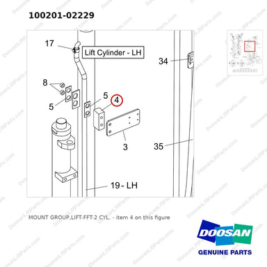 100201-02229 MOUNT GROUP,LIFT-FFT-2 CYL. - parts diagram, item 4 shown - genuine Doosan / Bobcat forklift part