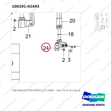 100201-02493 LINE GROUP,ATTACHMENT;2CYL,4WAY - parts diagram, item 24 shown - genuine Doosan / Bobcat forklift part