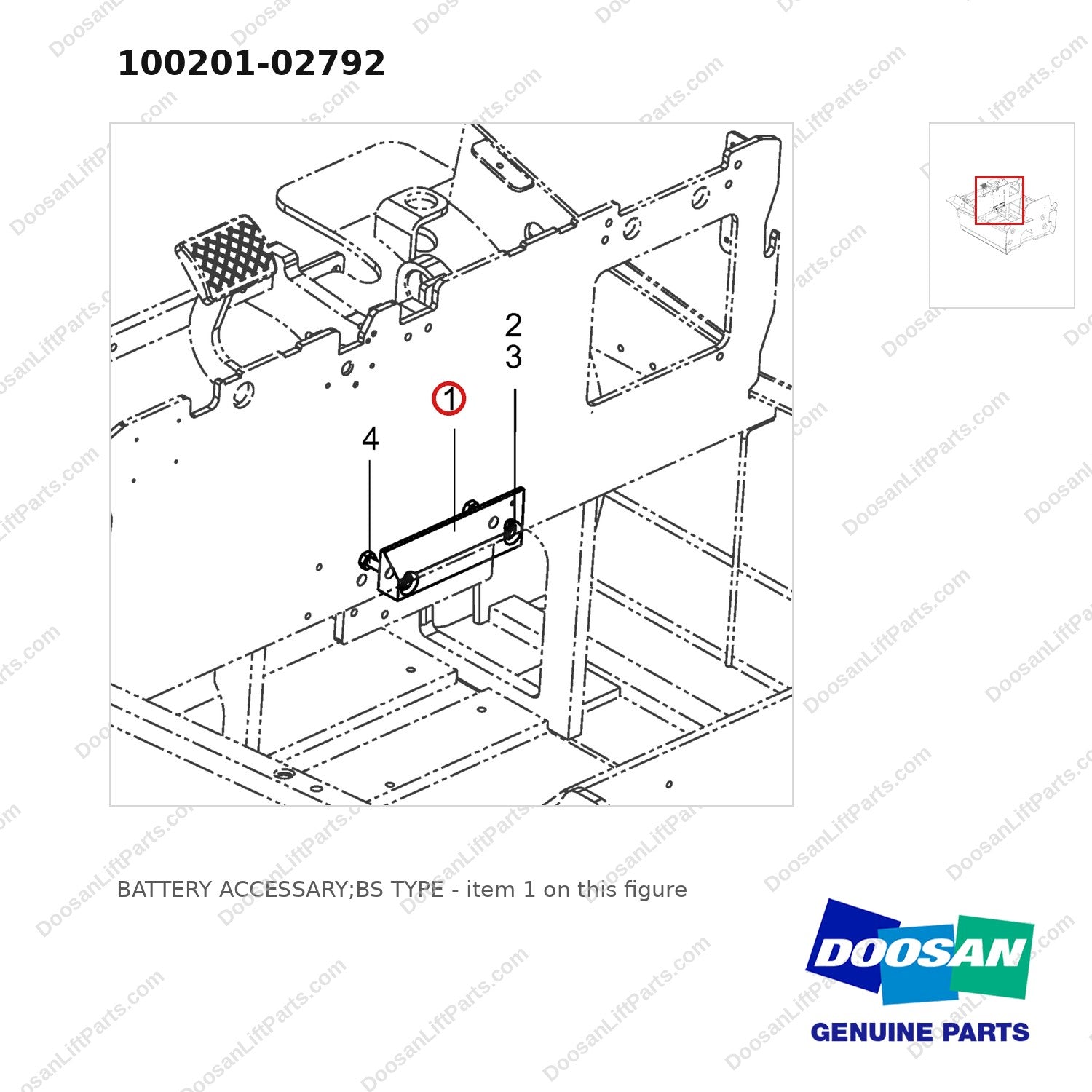 100201-02792 BATTERY ACCESSARY;BS TYPE - parts diagram, item 1 shown - genuine Doosan / Bobcat forklift part