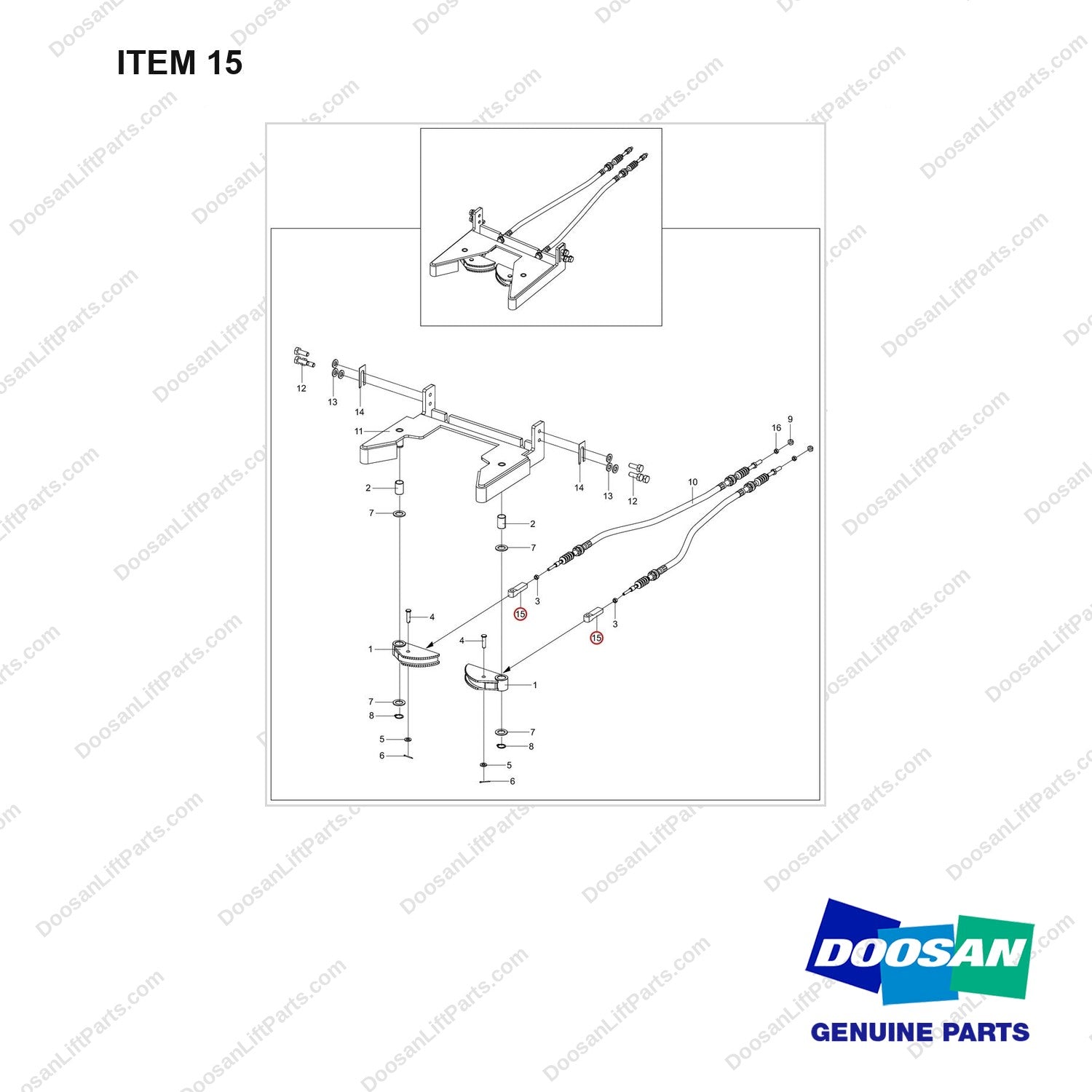 100201-04346 CLAMP;PALLET;CHEAP - full parts diagram, item 15 marked - genuine Doosan / Bobcat forklift part