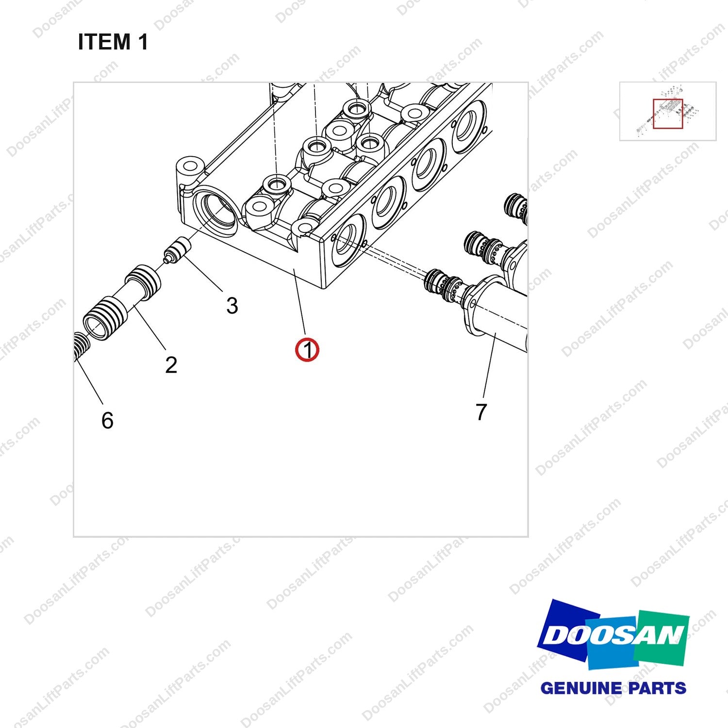 100201-04531 VALVE ASSY,CONTROL - parts diagram, item 1 shown - genuine Doosan / Bobcat forklift part