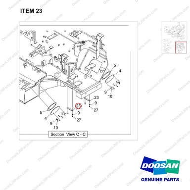 100201-04697 FRAME GP;55KW,UL DS,LIFT EYE,F/S - parts diagram, item 23 shown - genuine Doosan / Bobcat forklift part
