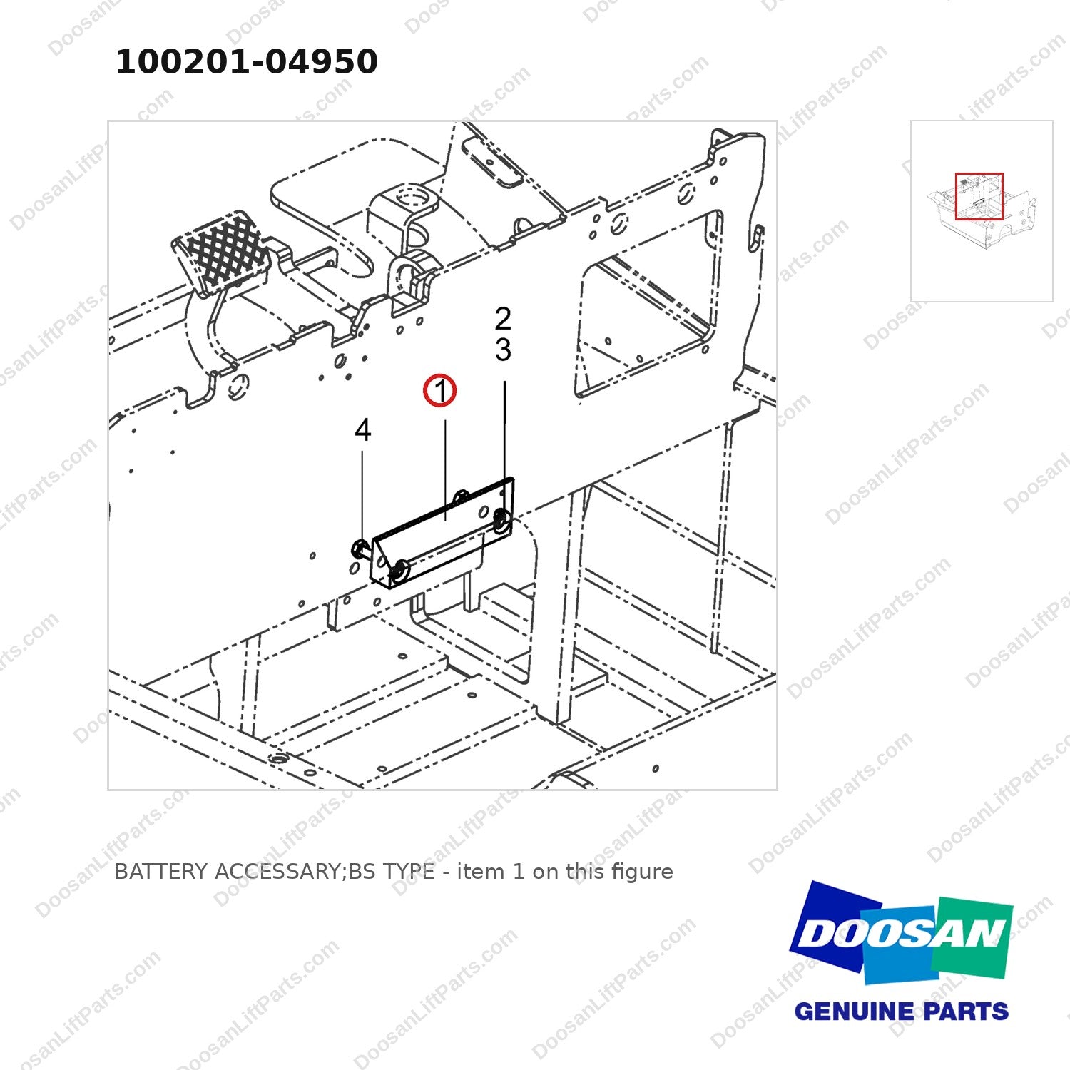 100201-04950 BATTERY ACCESSARY;BS TYPE - parts diagram, item 1 shown - genuine Doosan / Bobcat forklift part