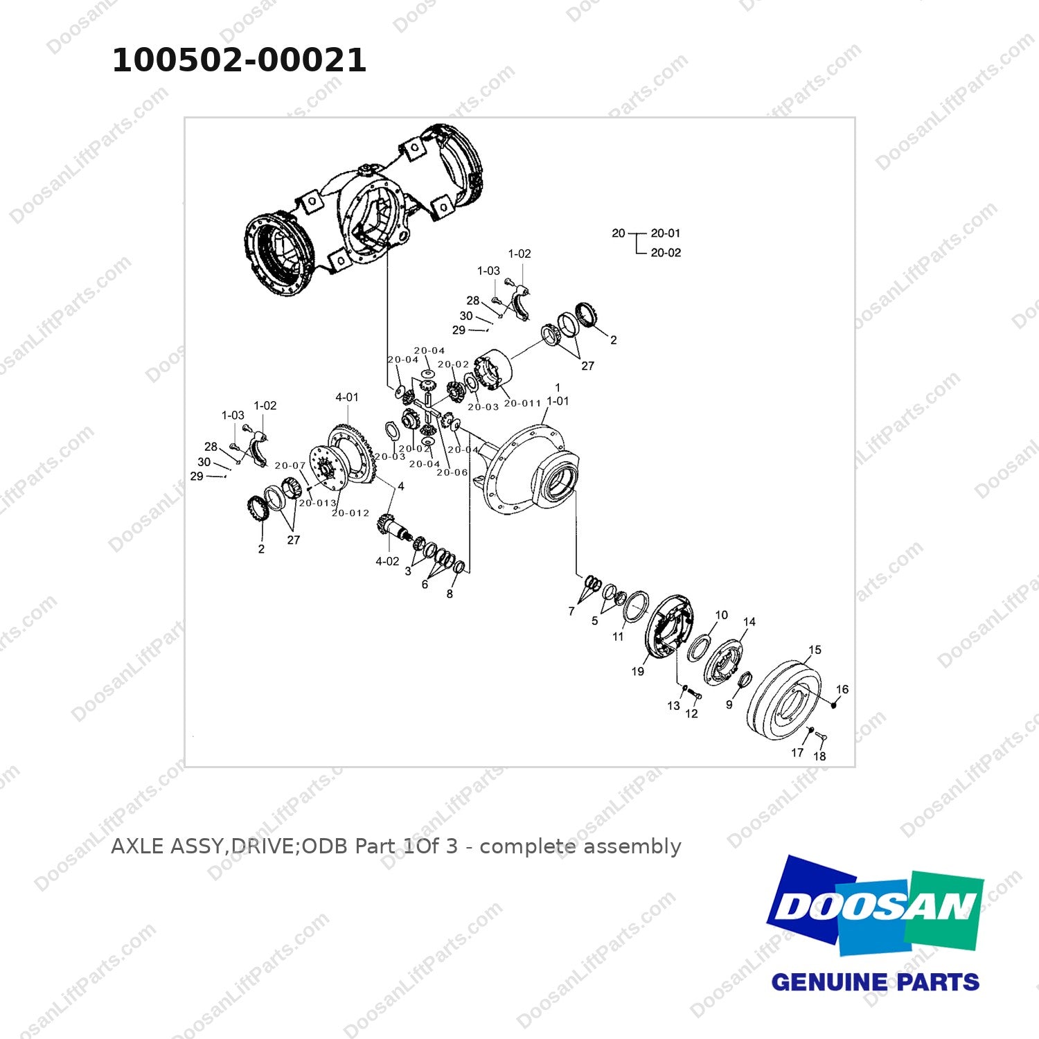 100502-00021 AXLE ASSY,DRIVE;ODB  Part 1Of 3 - full parts diagram - genuine Doosan / Bobcat forklift part