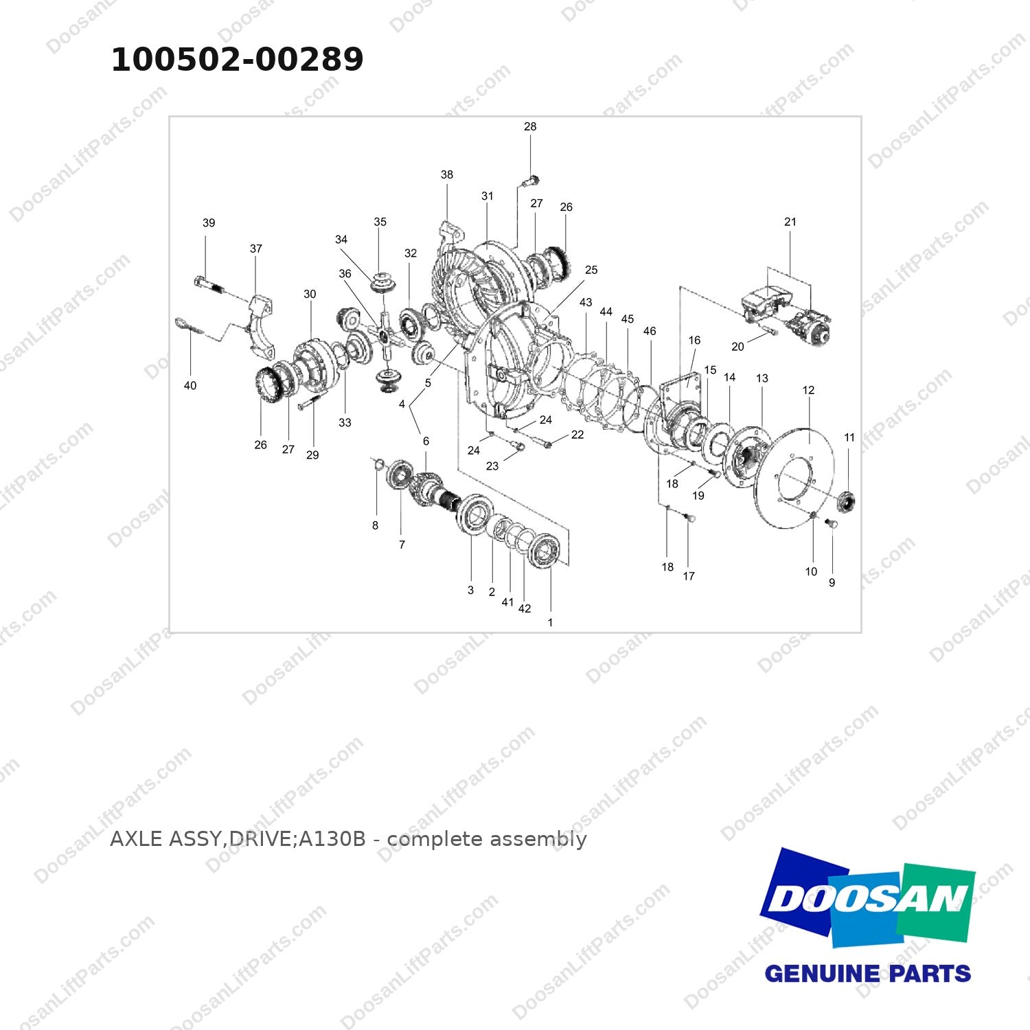 100502-00289 AXLE ASSY,DRIVE;A130B - full parts diagram - genuine Doosan / Bobcat forklift part