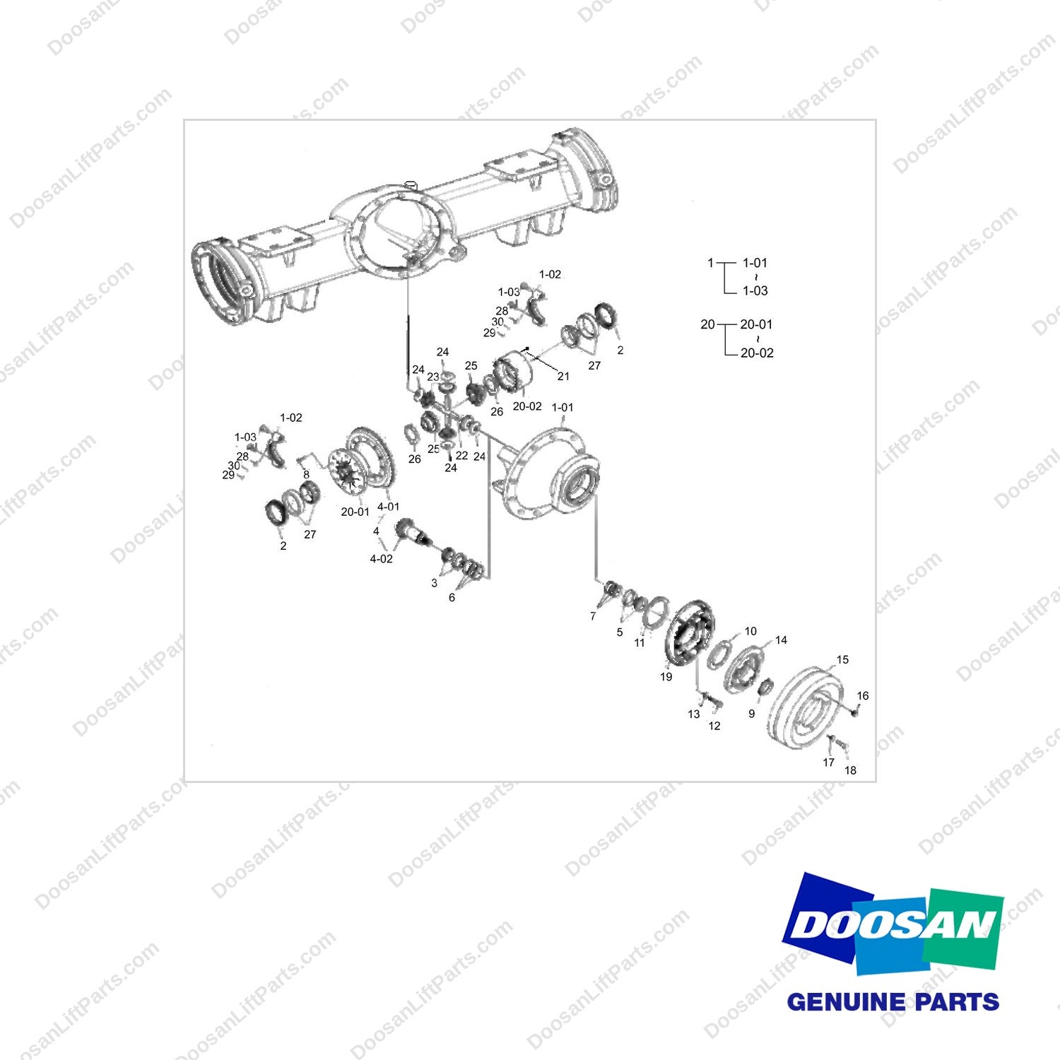 100502-00300 AXLE,DRIVE;7TON - full parts diagram - genuine Doosan / Bobcat forklift part